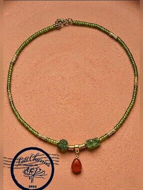 Green Peridot & Red Onyx Pendant In Dainty Contrasting Colors Necklace